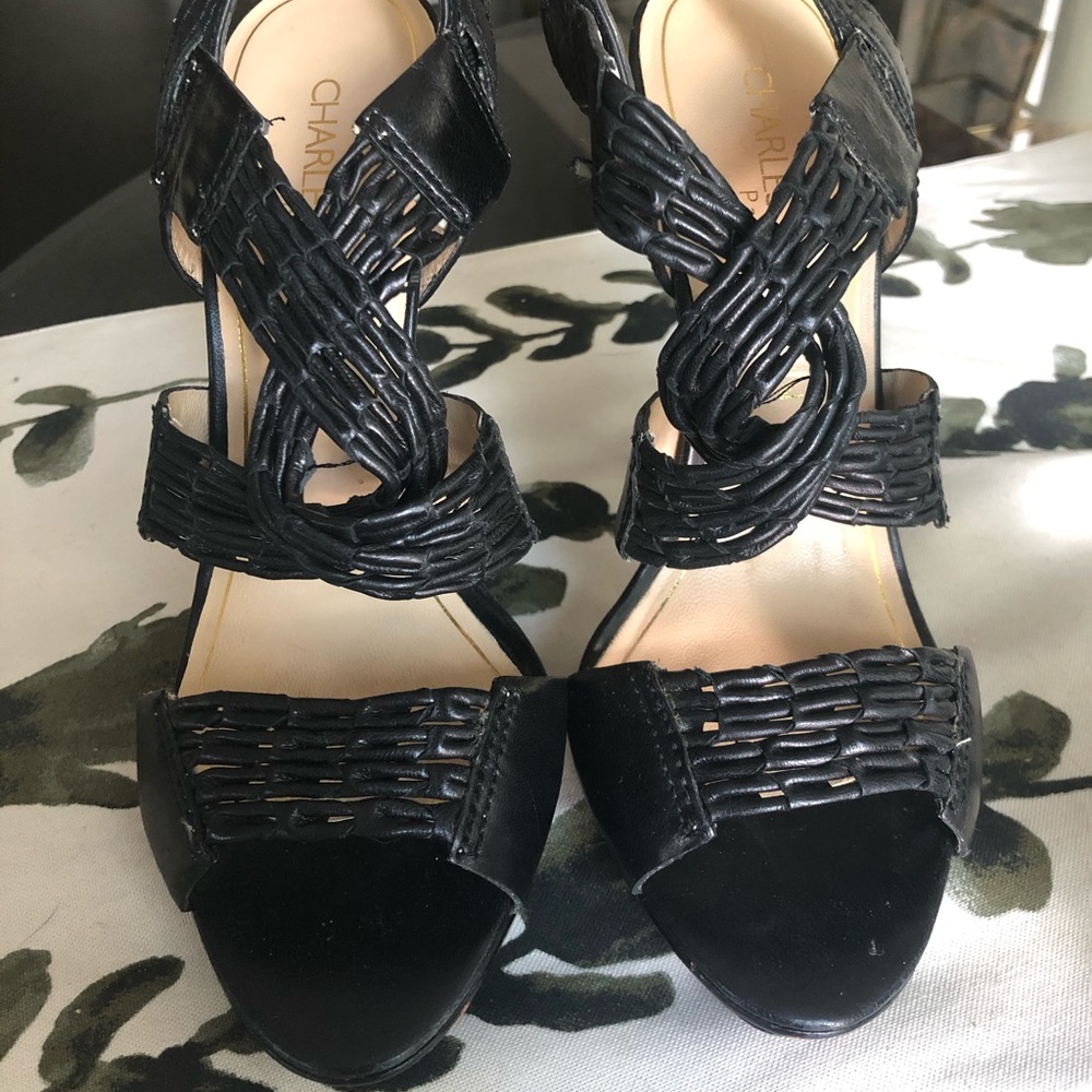 Charles Jourdan Paris Black Woven Open Toe Heels